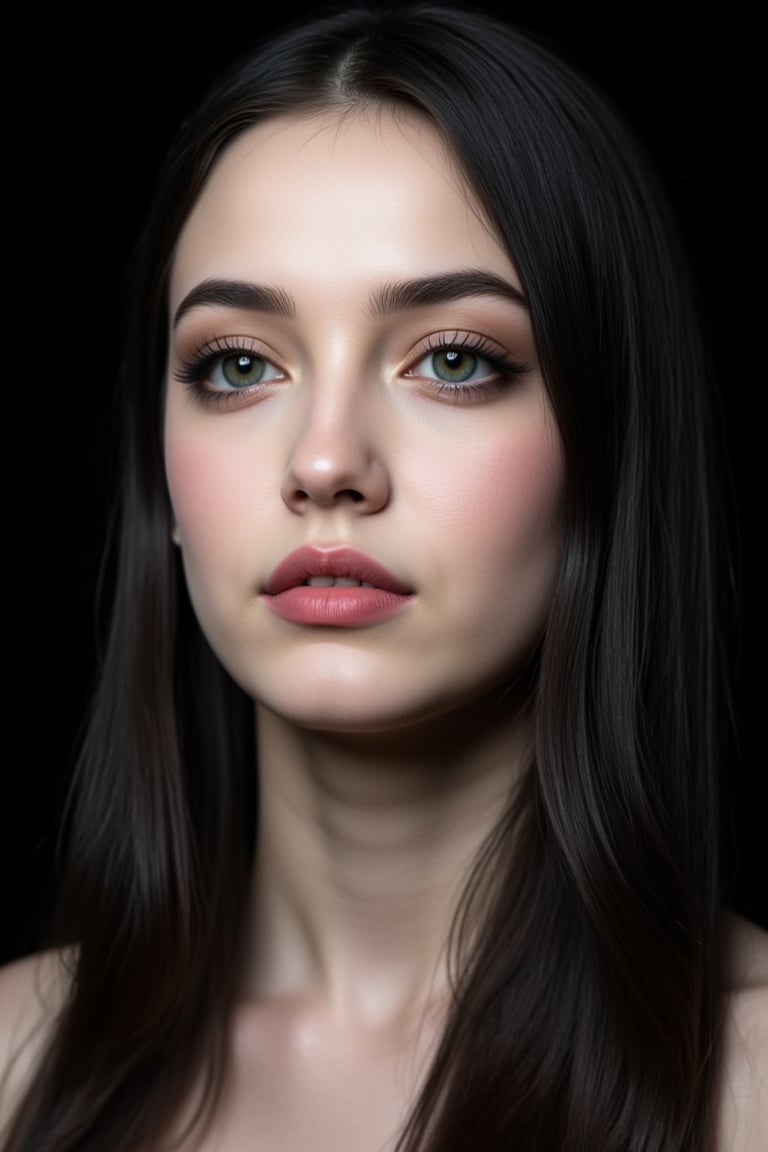  woman 25 years old, long straight hair, thick hair, detailed face, long eyelashes, detailed eyes, red cheeks, glossy skin, elegant woman, healthy skin tone, pretty and beauty woman face marks, pale snow white skin tone, thick hair, blue green eyes, pink cheeks, glossy lips, light white skine tone, black hair, 
dress, 
looking aside, 
black background, 
detailed, quality, professional camera photo, spotlight, photo session, dramatic lighting on face,Nayane,dr4in