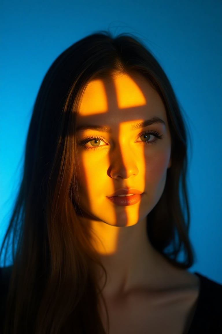 CridLight,  A shot of a finnish woman's face is adorned with bright yellow crucifix-shaped light spot. The woman's eyes ar...