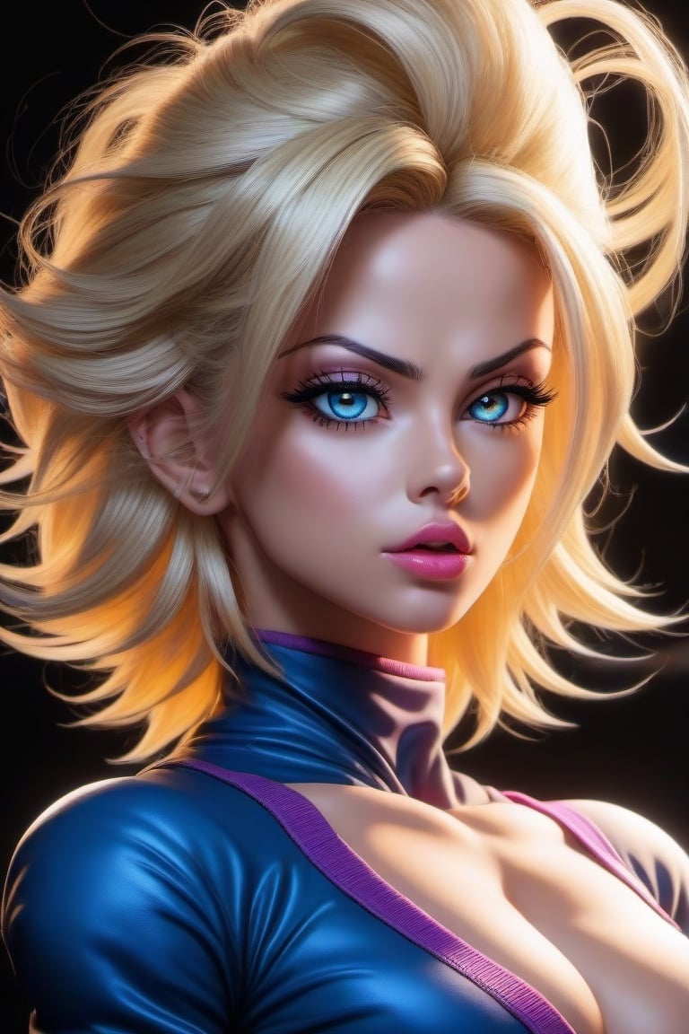 androide 18, androide personaje de dragon ball z, obra de arte, bella mujer de rostro perfecto, luces de neon, ojos perfectos, cara linda y erfecta, cuerpo fitne, labios sensuales, obra maestra, piel inclreible, color de piel suave y hermosa, radiante, mirada sensual, cuerpo completo y perfecto