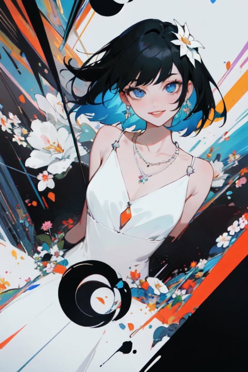 woman, white, blue eyes, (half-white-half-black-hair: 1.1), flower hair, white dress, fancy dress with flowers on it, (diamond-necklace: 1.1), (saturated colors: 1.0), looking at viewer, smiling, abstract party, poster theme, 