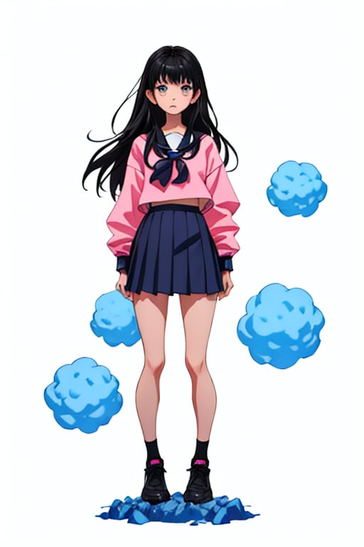 1girl, long hair, black hair, schoolgirl, standing, white background, blue theme, pink theme, standard view, quality 