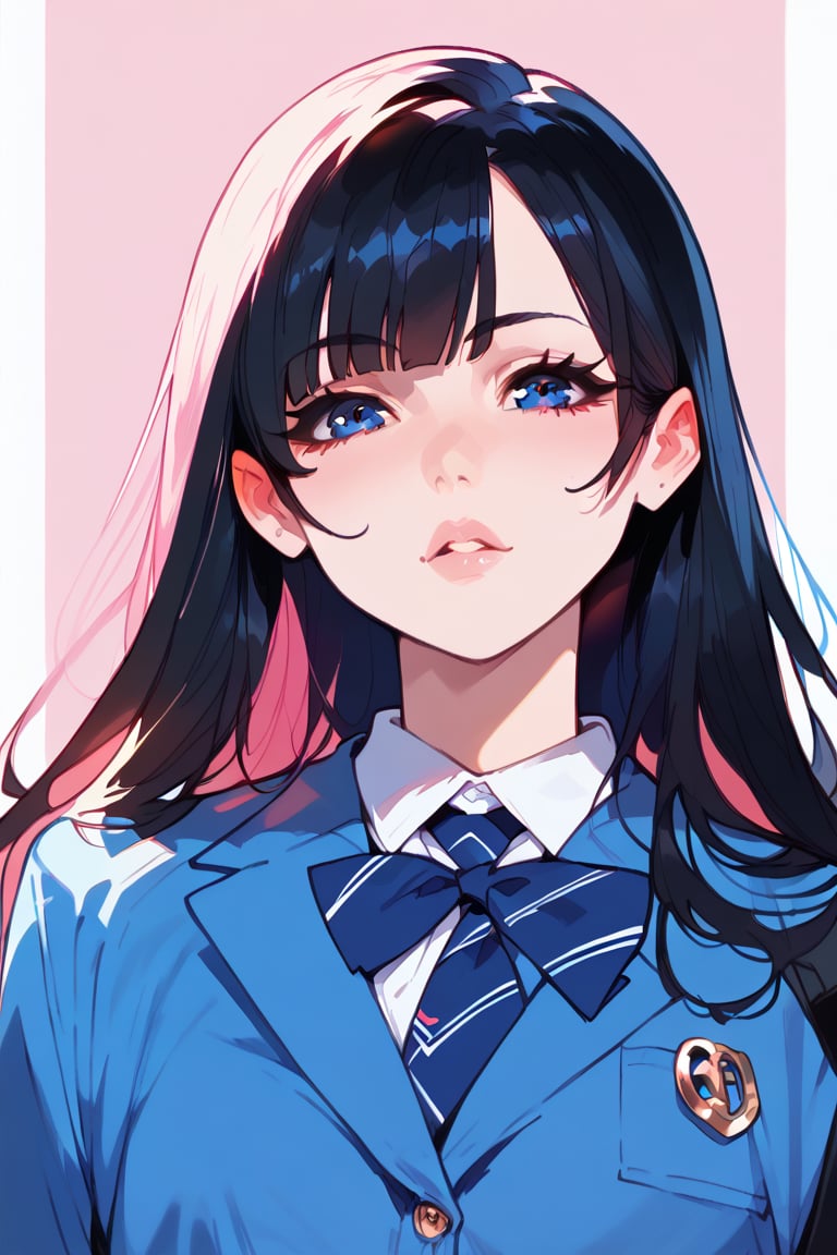 score_9, score_8_up, score_7_up, score_6_up, score_5_up, 1girl, 
1girl, long hair, black hair, pretty face, schoolgirl, white simple background, blue theme, pink theme, face close-up shot, 