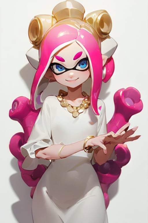 Agent 8 splatoon, white, blue eyes, white and pink hair, tentacle hair, hair in a bun, flower hair peace, white dress, fancy dress with flowers on it, gold necklace, looking at viewer, smiling, outside, at party, Agente 8 (Splatoon),girl,Agent 8 (Splatoon),Marina, fix hands,realhands