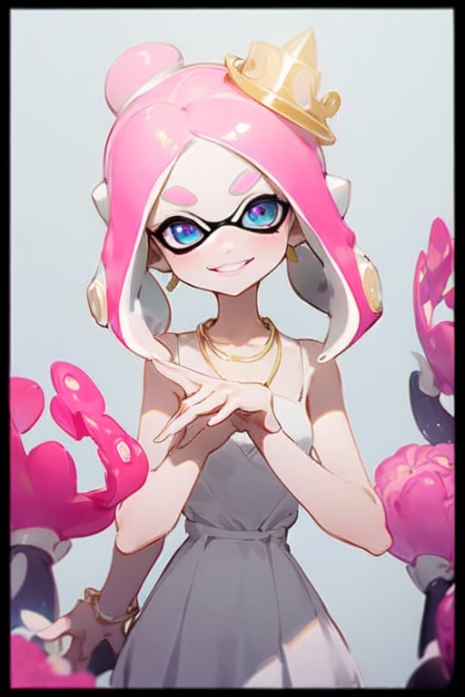 Agent 8 splatoon, white, blue eyes, white and pink hair, tentacle hair, hair in a bun, flower hair peace, white dress, fancy dress with flowers on it, gold necklace, looking at viewer, smiling, outside, at party, Agente 8 (Splatoon),girl,Agent 8 (Splatoon),Marina, fix hands,realhands