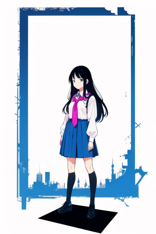 1girl, long hair, black hair, schoolgirl, standing, white background, blue theme, pink theme, standard view, quality 