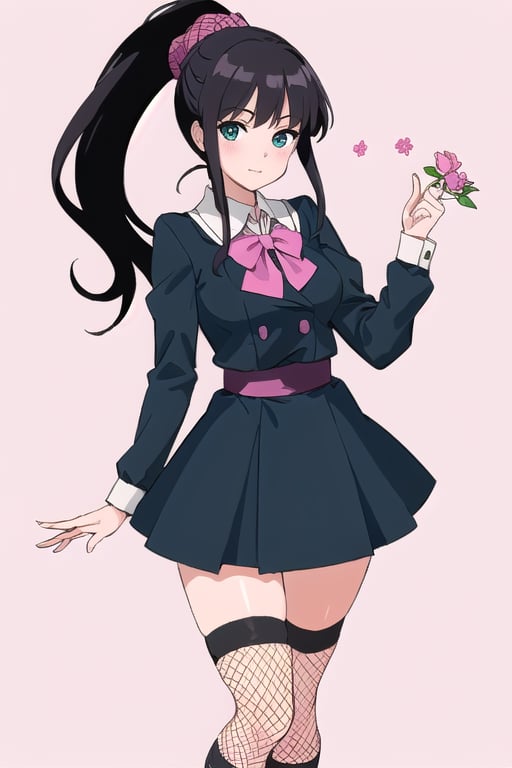 young woman, abstract pink background, clothing theme, long black hair, schoolgirl costume,nemu, flowers around, long fishnet socks, ponytail 