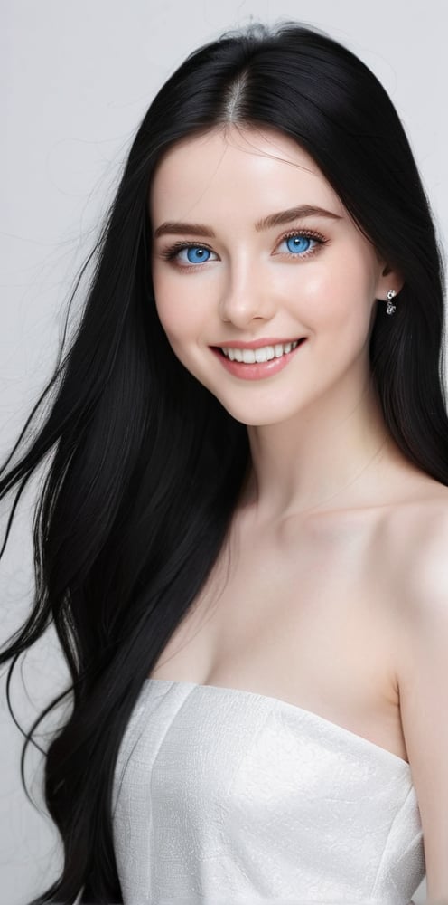 




	woman, blue color eyes, fully black hair, pale white skin, 
	shiny small accessories, very little light makeup, 
	abstract white-black background, (white black background:1.1), 
	best photo quality, clear detailed texture, canon eos 80d photo, 
	smile, leaning standing pose, 
extra details texture, absolute realistic photo, long straight hair.