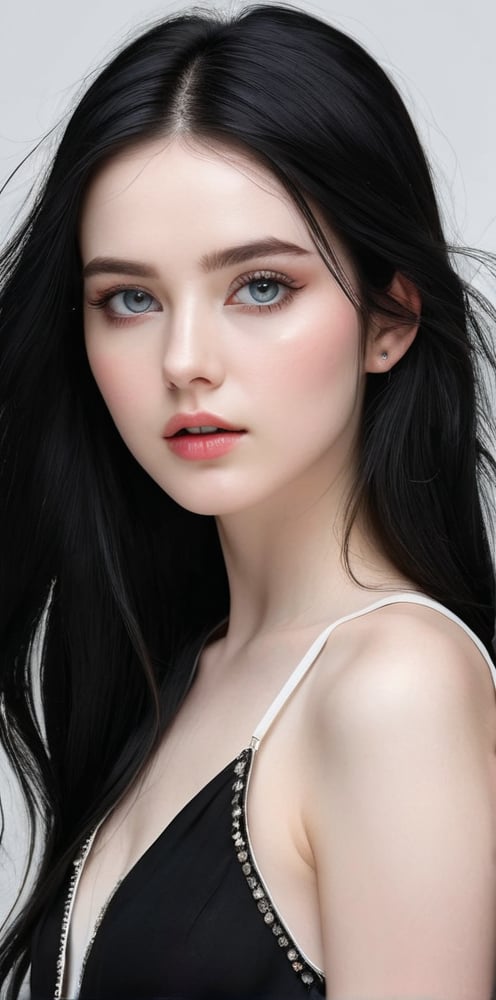 




	woman, random color eyes, fully black hair, pale white skin, 
	shiny small accessories, very little light makeup, 
	abstract white-black background, (white black background:1.1), 
	best photo quality, clear detailed texture, canon eos 80d photo, 
	, leaning standing pose, waist-up shot, 
extra details texture, absolute realistic photo, long straight hair, 
(digital art, ultra-realistic, high detail, high resolution, photorealistic), giving a surreal and captivating visual experience.