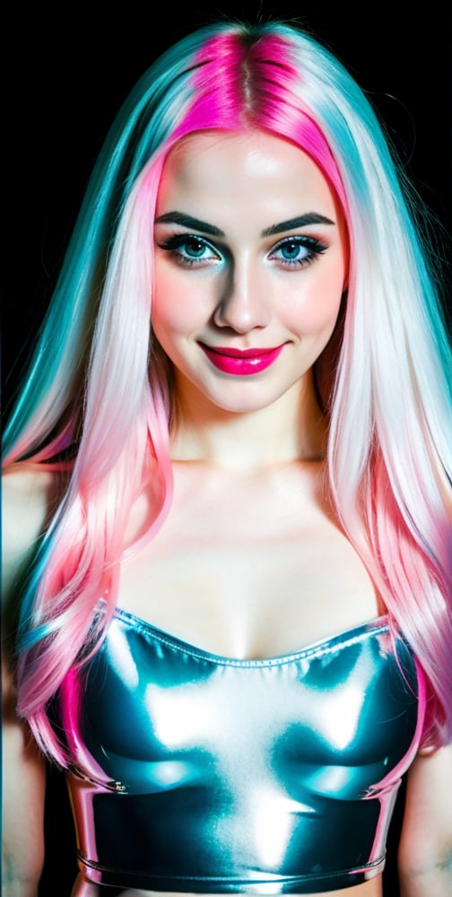 





woman , beautiful face, perfect face, blue eyes fully pink hair, pale white skin, sexy marks, perfect, abstract white and black background, shiny accessories, best quality, clear texture, details, canon eos 80d photo, very little light makeup, reflective costume, smile, upper body