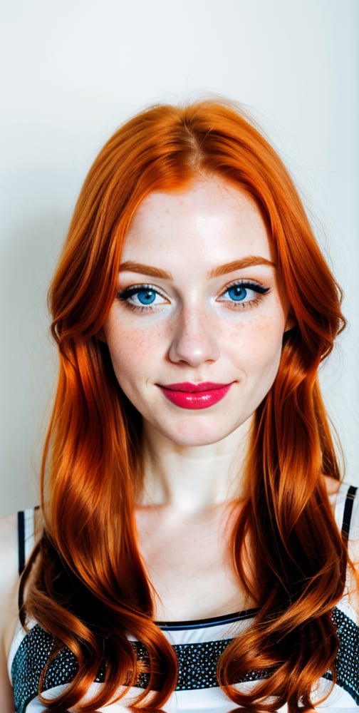 





woman , beautiful face, perfect face, blue eyes fully redhead ginger hair, pale white skin, sexy marks, perfect, abstract white and black background, shiny accessories, best quality, clear texture, details, canon eos 80d photo, very little light makeup, reflective costume, smile, upper body