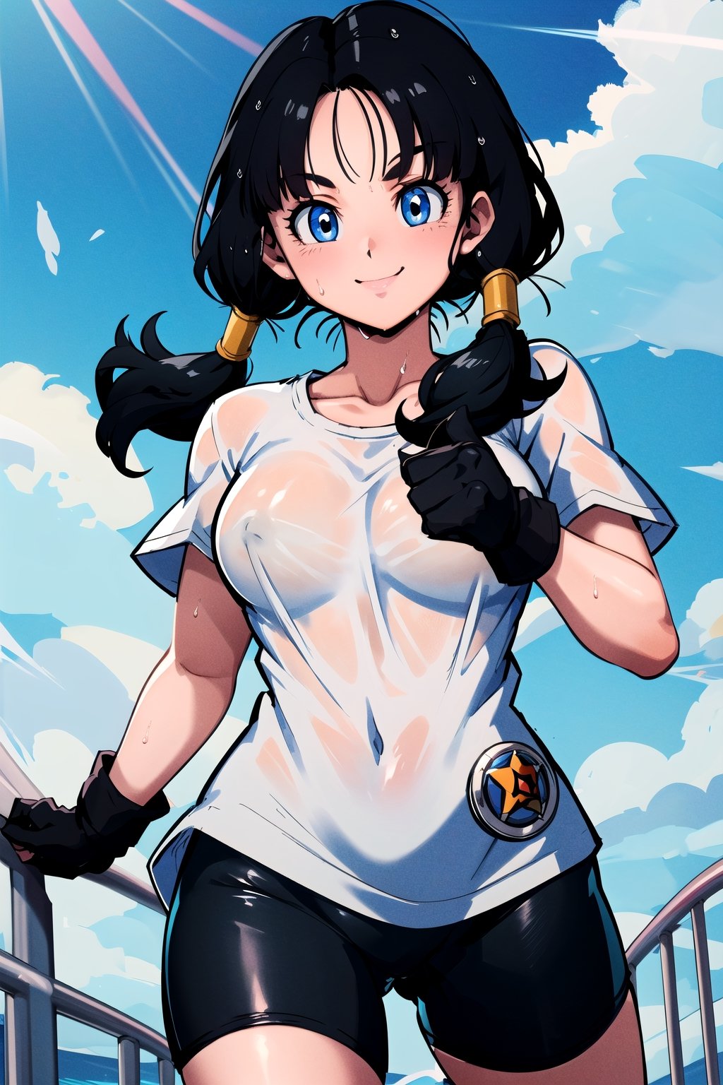 masterpiece, best quality, high resolution, videl2, solo, blue eyes, black hair, twintails, black gloves, bicycle shorts, bangs, white shirt, badge, medium breasts, cowboy shot, smile, (wet: 1 ,5)