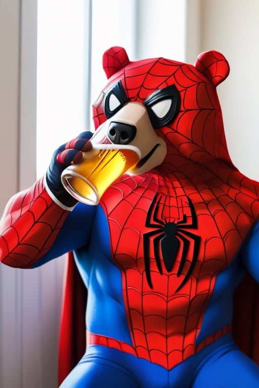 bear drinking beer in spiderman costume