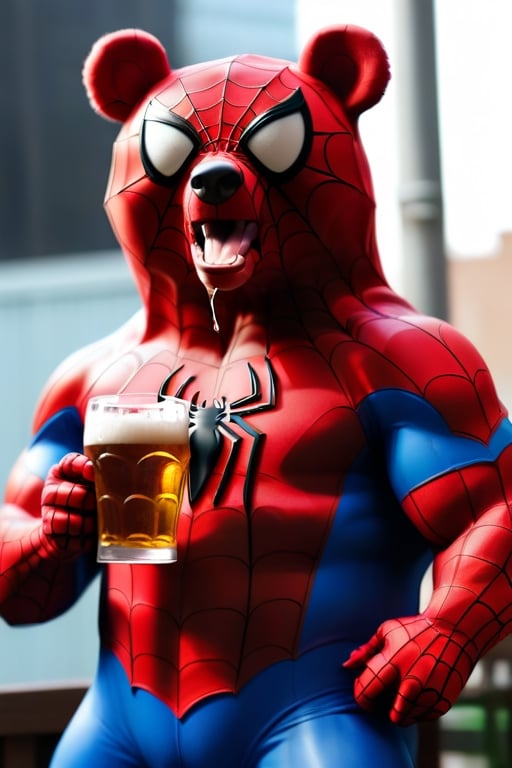 bear drinking beer in spiderman costume