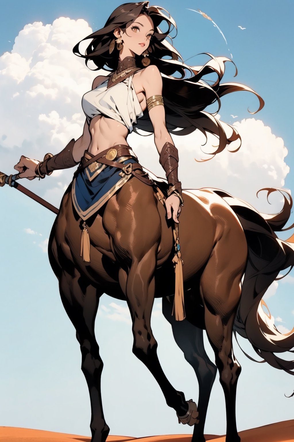 1girl, solo, long hair, breasts, looking at viewer, brown hair, black hair, navel, holding, bare shoulders, brown eyes, closed mouth, standing, full body, weapon, outdoors, sky, day, midriff, cloud, holding weapon, blue sky, floating hair, monster girl, polearm, pelvic curtain, armlet, spear, bracer, holding polearm, taur, desert, centaur, centauroid,centaurify,Centaur,mermaid