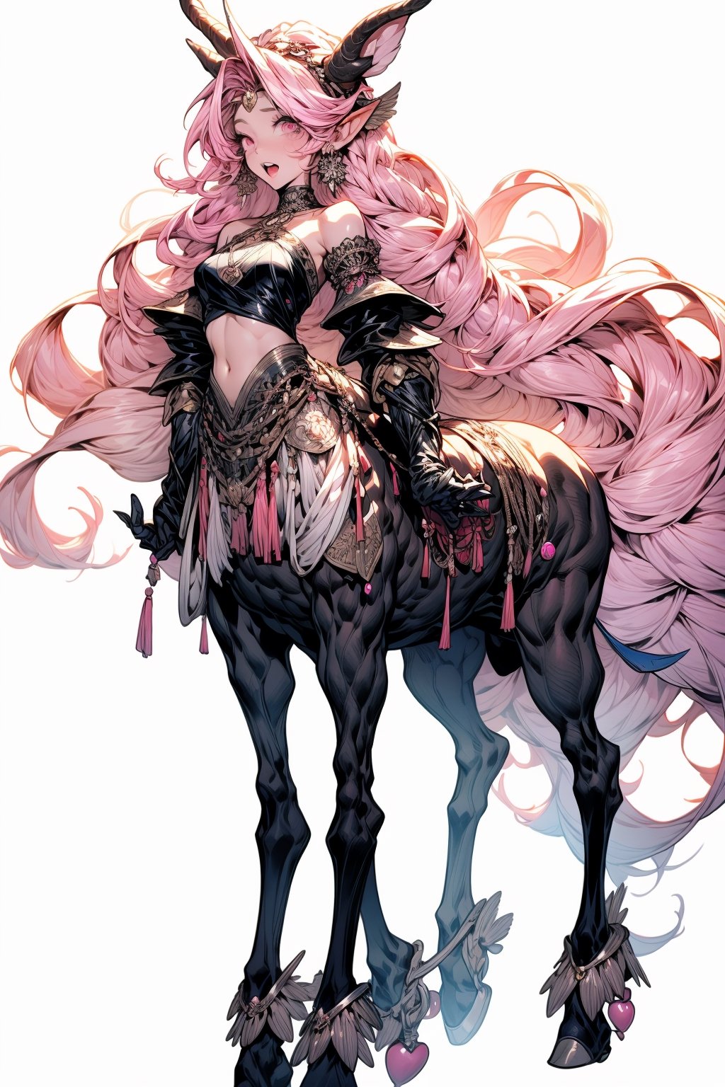 1girl, solo, long hair, breasts, looking at viewer, open mouth, bangs, simple background, hair ornament, gloves, white background, navel, holding, animal ears, bare shoulders, jewelry, medium breasts, very long hair, standing, tail, full body, weapon, pink hair, braid, sidelocks, earrings, detached sleeves, horns, pointy ears, midriff, pink eyes, holding weapon, bell, tattoo, bug, monster girl, staff, butterfly, tassel, holding staff, bandeau, taur, hooves, centaur, centauroid,centaurify