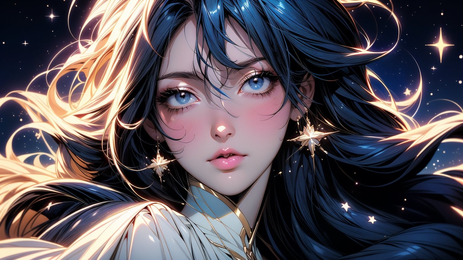 {{best quality}}, {{masterpiece}}, {{ultra-detailed}}, {illustration}, {detailed light}, {an extremely delicate and beautiful}, a girl, {beautiful detailed eyes}, stars in the eyes, messy floating hair, colored inner hair, Starry sky adorns hair, depth of field