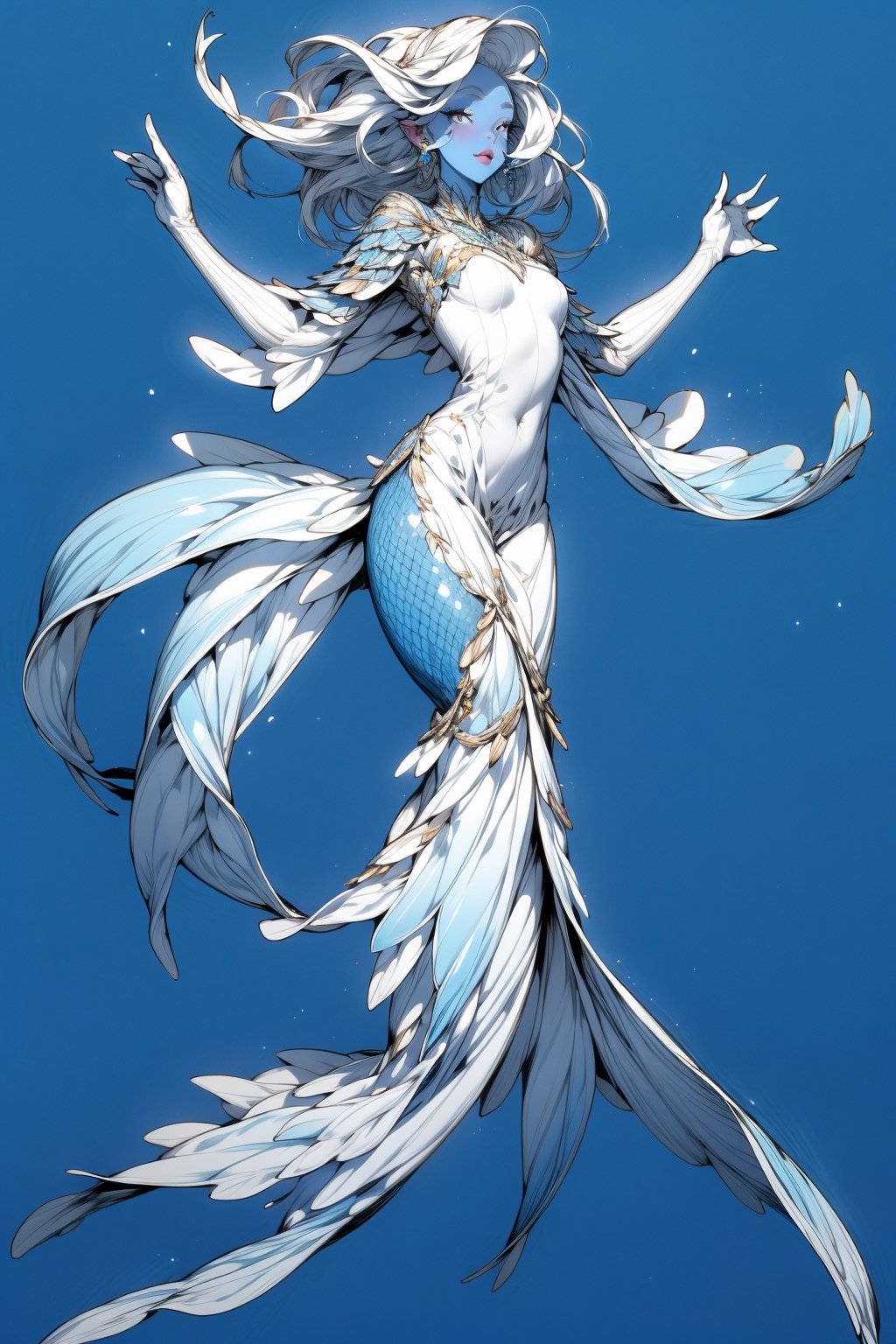 1girl, solo, long hair, breasts, simple background, dress, full body, white hair, white dress, arms up, colored skin, blue background, outstretched arms, monster girl, scales, mermaid, fins