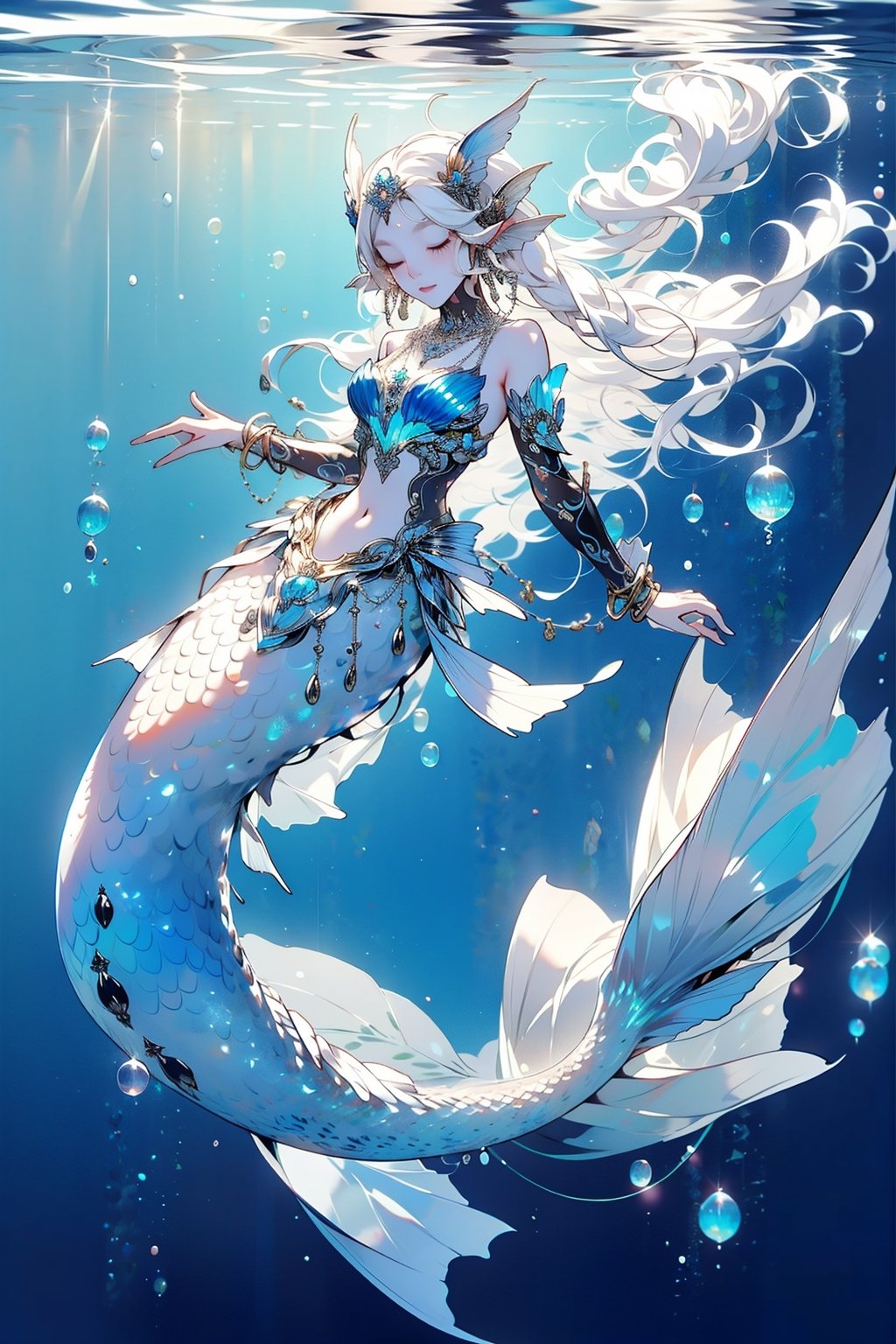 1girl, solo, long hair, jewelry, full body, closed eyes, white hair, pointy ears, necklace, monster girl, bubble, underwater, mermaid, head fins,DonMW15p