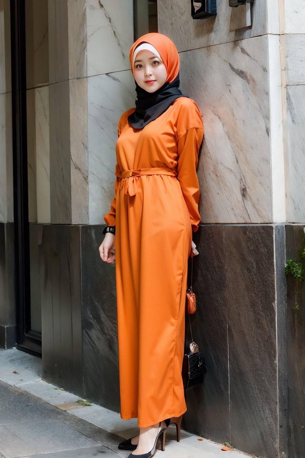 Orange color, 1 girl, solo, hijab, looking at viewer, natural, no make_up,
Long Dress, heels, toothbag, watch 
Standing,
Seoul, City, outside,
,Masterpiece,H3NUY ,R15M ,In0r 