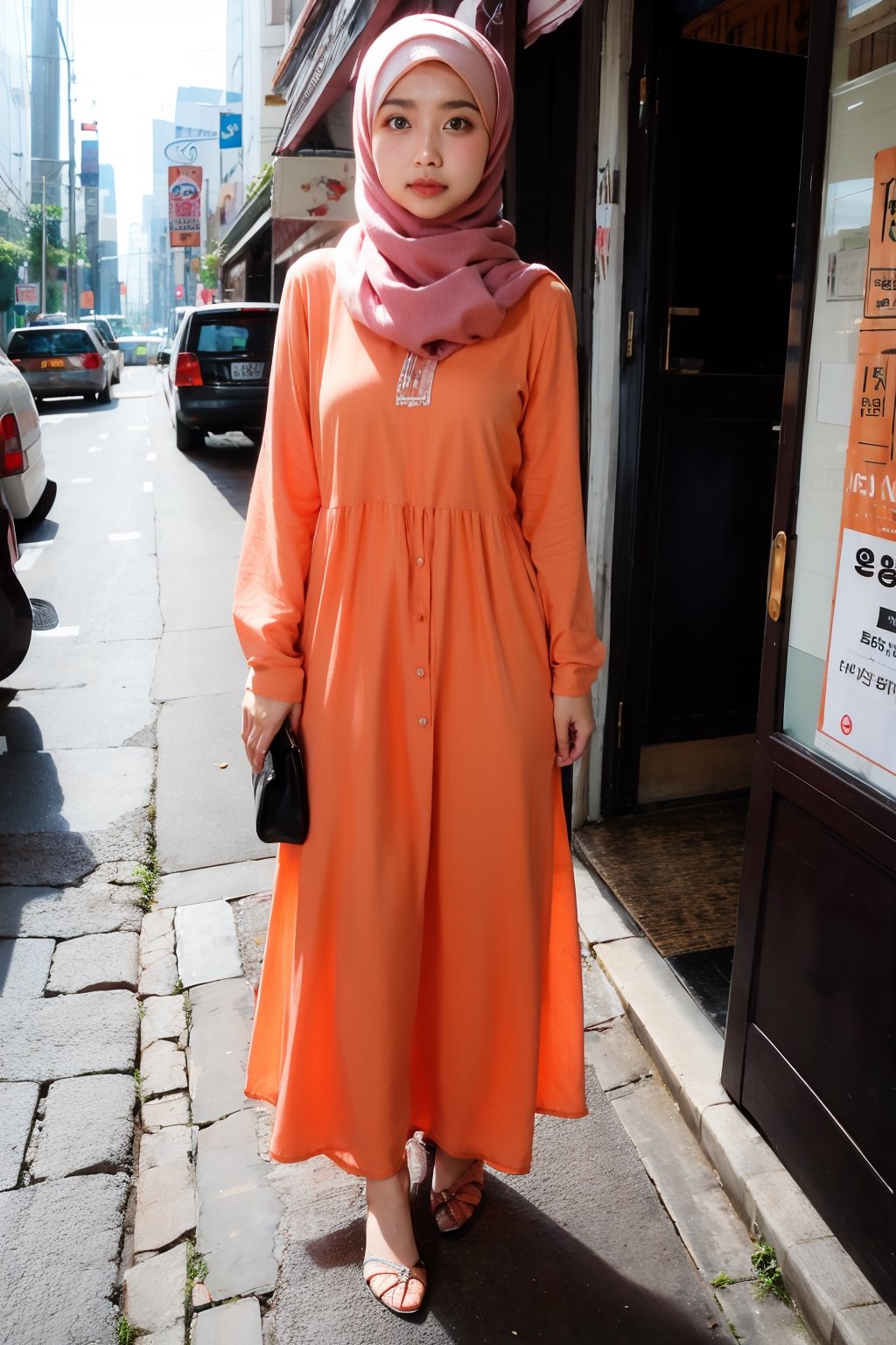 Orange color, 1 girl, solo, hijab, looking at viewer, natural, no make_up,
Long Dress, heels, toothbag, watch 
Standing,
Seoul, City, outside,
,Masterpiece,H3NUY 