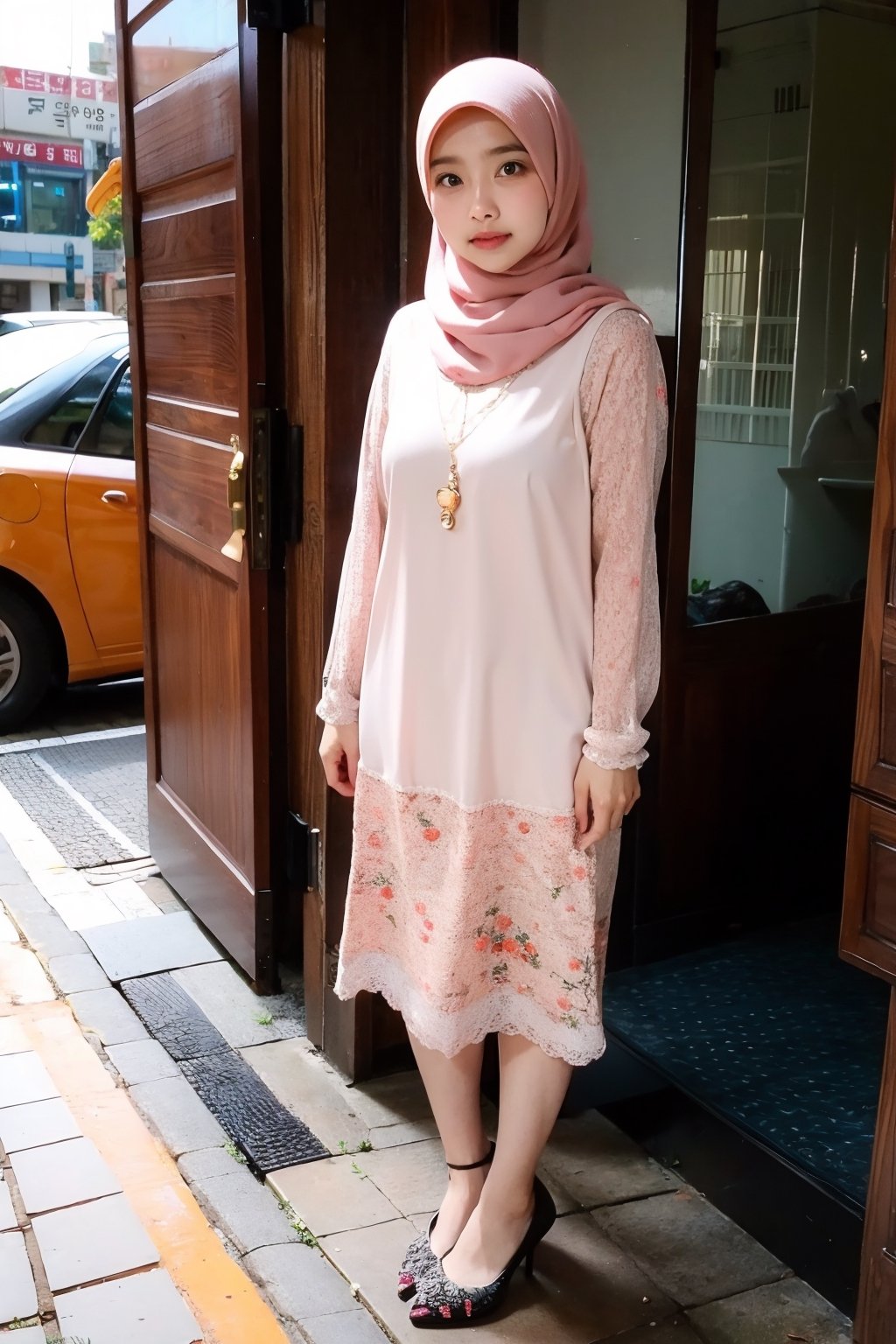 Orange color, 1 girl, solo, hijab, looking at viewer, natural, no make_up,
Dress, heels, toothbag, watch 
Standing,
Seoul, City, outside,
,Masterpiece,H3NUY 