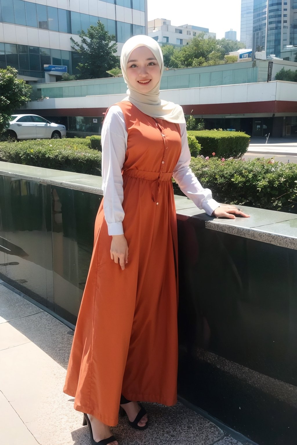 Orange color, 1 girl, solo, hijab, looking at viewer, natural, no make_up,
Long Dress, heels, toothbag, watch 
Standing,
Seoul, City, outside,
,Masterpiece,H3NUY ,R15M 