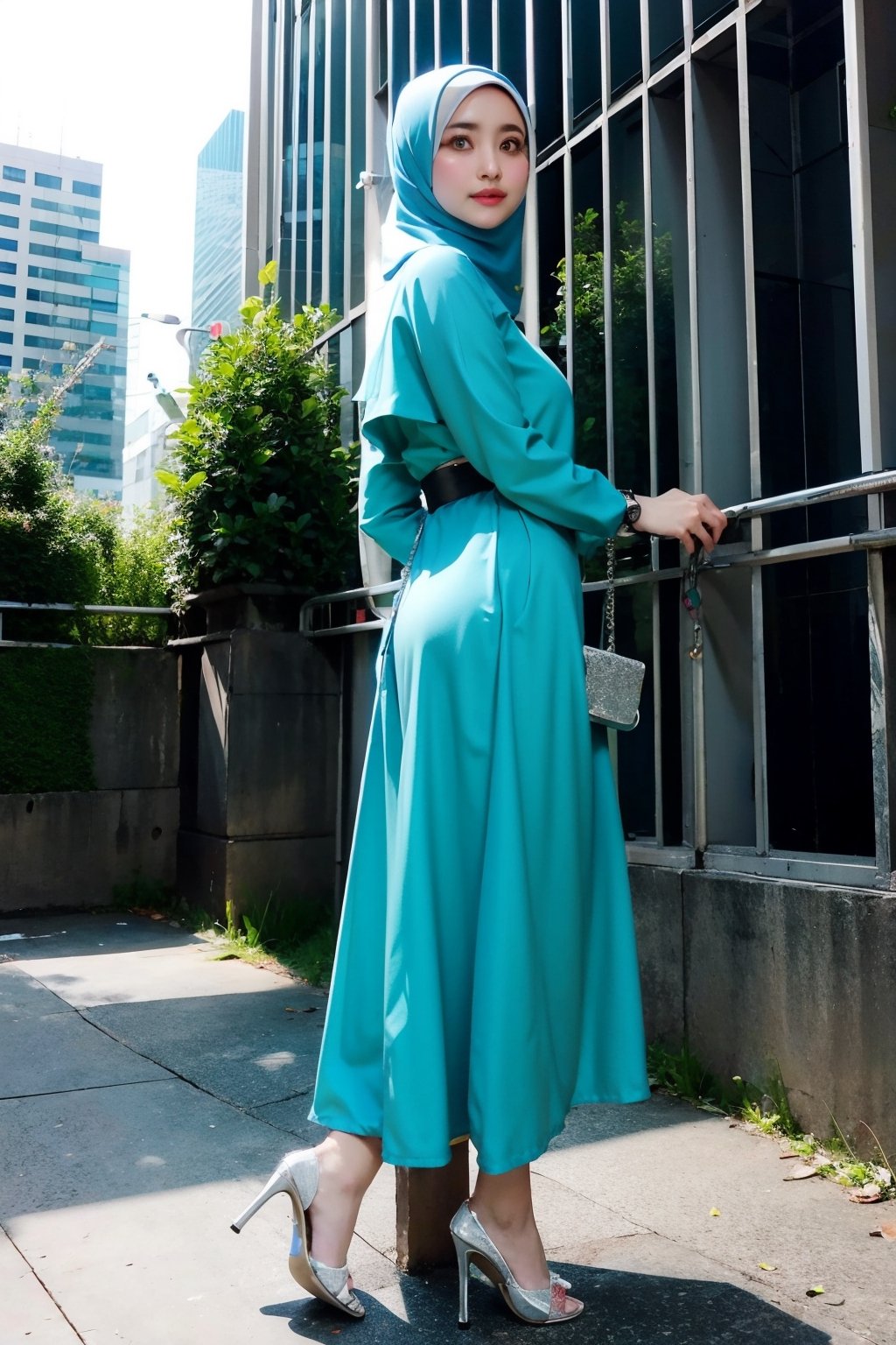 Cyan color, 1 girl, solo, hijab, looking at viewer, natural, no make_up,
Long Dress, heels, toothbag, watch 
Standing,
Seoul, City, outside,
,Masterpiece,H3NUY ,R15M ,In0r 