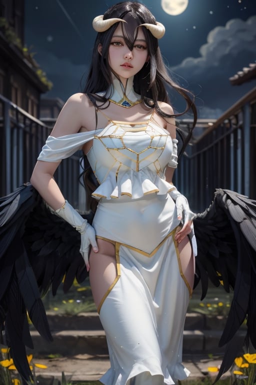 masterpiece, best quality, highres, al1, demon horns, slit pupils, white gloves, white dress, bare shoulders, detached collar, cleavage, black wings, feathered wings, low wings, cowboy shot, field, ruins, night, standing, hand on hip, black hair