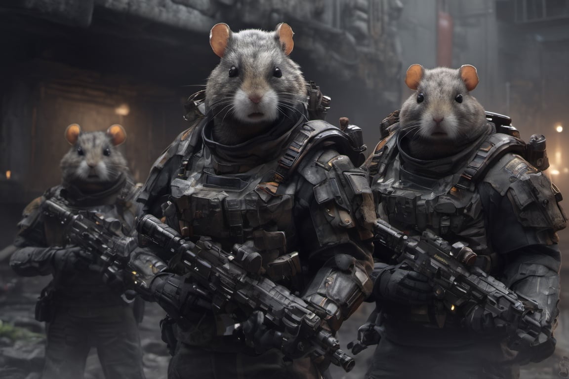 4K, 8K, masterpiece, perfect focus, in_focus, clear focus, best quality, insanely realistic, life like photo, long shot of squad of hamsters futuristic guns raised sneaking into a human base in a jungle at night like in the movie act of valor, hamsters shooting sci-fi guns, hamsters aiming rifle, act of valor, genji armor, YAKEDA Full Protection Tactical Tank Top, bomb suit, flak jacket, cloak, jungle camo armor pattern with neon orange trim, soldier pants on hamsters, holding glowing lightning sword, aiming guns, firing guns, sci-fi open faced hamster helmet, hamsters with cyberpunk headgear, full body armor, weapon master, sword in hand, sword neon glow, neon wrist weapons, bulky weathered space marine armor, perfect eyes, vengeful amber eyes, insanely detailed eyes, hyper realistic eyes, glassy eyes, 4k eyes, sci fi daggers on body, leader sword in hand, leader pistol in hand, leader shotgun, grenades, ultra detailed, flak armor, full body armor, super ripped hamsters, huge muscles, neck protection armor, astronaut helmet on hamsters, hamster with translucent visored helmet, sci fi helmets, tan weathered and ripped cloaks, cyberpunk armor, enforcer armor, full sci-fi plate armor, bandoliers, hamsters throwing grenades, hamster raising fist, super muscular hamsters, artificially enhanced hamsters, intricately detailed guns, hyper detailed guns, intricately detailed weapon detail, guns shouldered, all faces hyper realistic, first two rows faces hyper realistic, Sci fi guns, grumpy gorilla, leader weapon in hand, warrior, warrior armor, leader weathered red matter power suit armor, leader bulky armor, leader detailed eyes, hyper detailed eyes, Extremely detailed face, movie quality face, with a gun, sci-fi armor, cyborg armor, Extremely detailed armor, cyberpunk gasmask, armor glowing trim, helmets, radiance, attack stance, combat stance, rifle, raised, pistol raised, random expression, Congo-apes, Billy ape, helmets with face, flak_jackets, juggernaut armor, enforcer, torches in hand, torches, cinematic fire, chest armor, chest armor, shin_ armor, battle belts, tools on belt, bandolier, modern body armor, tech gauntlet, wrist armor, weapons, weapons in hand, weapons on back, the end of humanity, hammers, perfect faces, interesting expressions, natural skin, textured skin, hyper detailed faces, Extremely detailed faces, pores, Extremely detailed weapons, Extremely detailed bodies, planet of the hamsters, HIGH resolution, SUPER resolution, HYPER resolution, HD resolution, BEAUTIFUL, neon signs, Extremely detailed fur, photorealistic fur, Caesar from planet of the hamsters