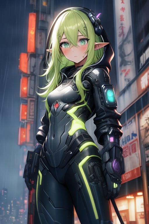 masterpiece, best quality, elf, rena erindel, 1girl , {{techwear}}, short latex open jacket, dark hoodie, metal combat suit , bangs, {{light yellowish green hair}}, {{long hair}}, messy hair, hair between eyes , medium breasts, short pointyears, beautiful detailed darkolivegreen tech cyborg eyes , dirty cyborg, broken cyborg, expressionless , {{shiny skin}}, {{{{cyberpunk}}}}, kowloon, night, small rain, fog, neon, warframe , extremely detailed, {{{masterpiece}}}, best quality, illustration