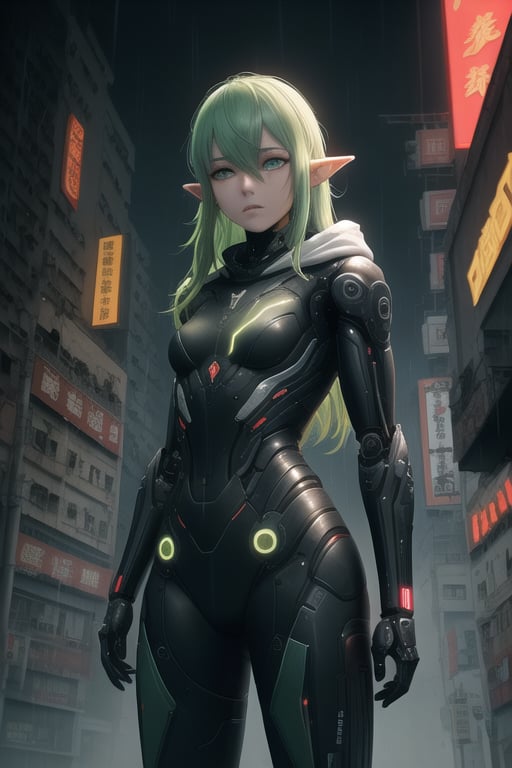 masterpiece, best quality, elf, rena erindel, 1girl , {{techwear}}, short latex open jacket, dark hoodie, metal combat suit , bangs, {{light yellowish green hair}}, {{long hair}}, messy hair, hair between eyes , medium breasts, short pointyears, beautiful detailed darkolivegreen tech cyborg eyes , dirty cyborg, broken cyborg, expressionless , {{shiny skin}}, {{{{cyberpunk}}}}, kowloon, night, small rain, fog, neon, warframe , extremely detailed, {{{masterpiece}}}, best quality, illustration