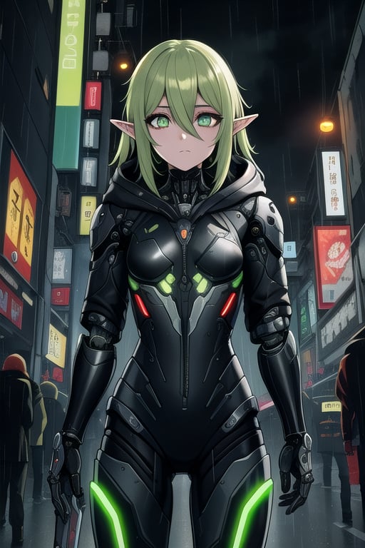 masterpiece, best quality, elf, rena erindel, 1girl , {{techwear}}, short latex open jacket, dark hoodie, metal combat suit , bangs, {{light yellowish green hair}}, {{long hair}}, messy hair, hair between eyes , medium breasts, short pointyears, beautiful detailed darkolivegreen tech cyborg eyes , dirty cyborg, broken cyborg, expressionless , {{shiny skin}}, {{{{cyberpunk}}}}, kowloon, night, small rain, fog, neon, warframe , extremely detailed, {{{masterpiece}}}, best quality, illustration