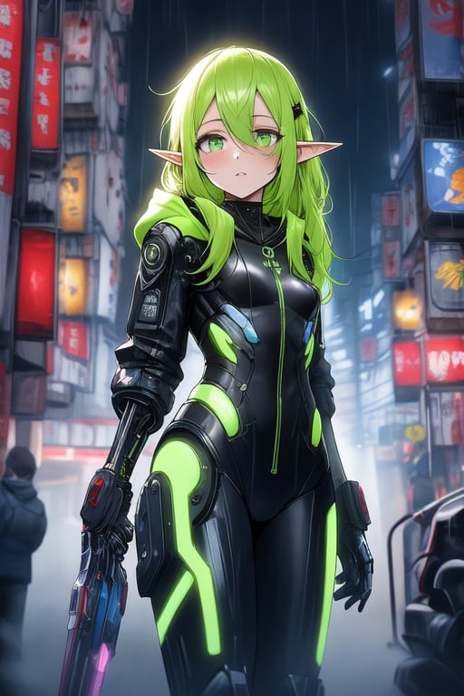 masterpiece, best quality, elf, rena erindel, 1girl , {{techwear}}, short latex open jacket, dark hoodie, metal combat suit , bangs, {{light yellowish green hair}}, {{long hair}}, messy hair, hair between eyes , medium breasts, short pointyears, beautiful detailed darkolivegreen tech cyborg eyes , dirty cyborg, broken cyborg, expressionless , {{shiny skin}}, {{{{cyberpunk}}}}, kowloon, night, small rain, fog, neon, warframe , extremely detailed, {{{masterpiece}}}, best quality, illustration