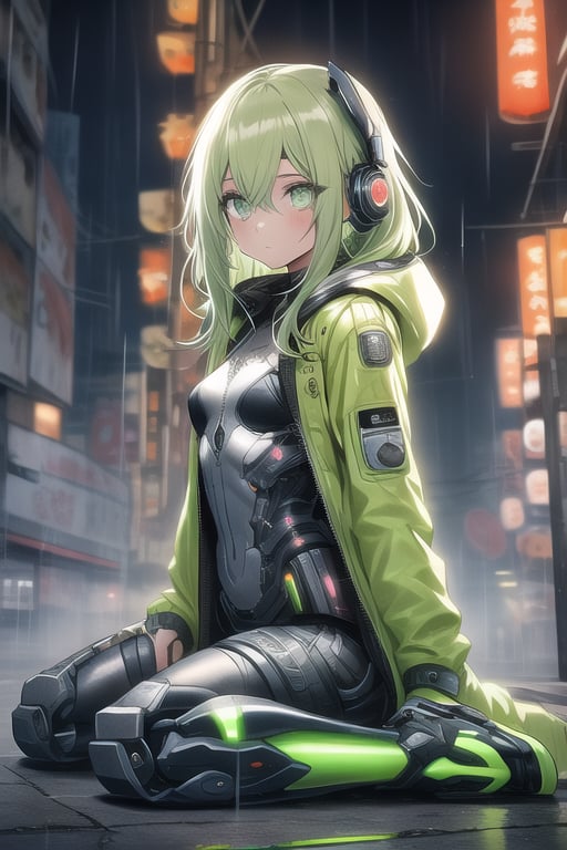 masterpiece, best quality, elf, rena erindel, 1girl , {{techwear}}, short latex open jacket, dark hoodie, metal combat suit , bangs, {{light yellowish green hair}}, {{long hair}}, messy hair, hair between eyes , medium breasts, short pointyears, beautiful detailed darkolivegreen tech cyborg eyes , dirty cyborg, broken cyborg, expressionless , {{shiny skin}}, {{{{cyberpunk}}}}, kowloon, night, small rain, fog, neon, warframe , extremely detailed, {{{masterpiece}}}, best quality, illustration