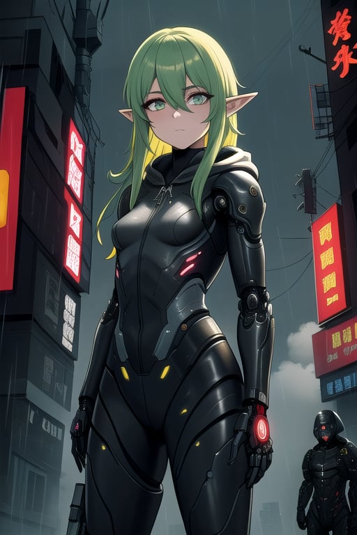 masterpiece, best quality, elf, rena erindel, 1girl , {{techwear}}, short latex open jacket, dark hoodie, metal combat suit , bangs, {{light yellowish green hair}}, {{long hair}}, messy hair, hair between eyes , medium breasts, short pointyears, beautiful detailed darkolivegreen tech cyborg eyes , dirty cyborg, broken cyborg, expressionless , {{shiny skin}}, {{{{cyberpunk}}}}, kowloon, night, small rain, fog, neon, warframe , extremely detailed, {{{masterpiece}}}, best quality, illustration