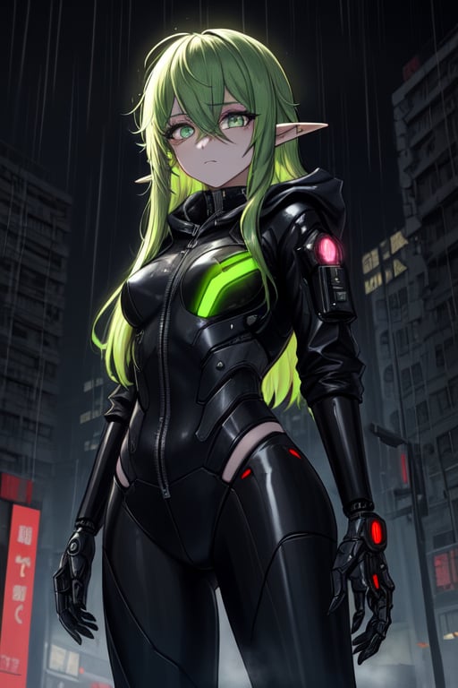 masterpiece, best quality, elf, rena erindel, 1girl , {{techwear}}, short latex open jacket, dark hoodie, metal combat suit , bangs, {{light yellowish green hair}}, {{long hair}}, messy hair, hair between eyes , medium breasts, short pointyears, beautiful detailed darkolivegreen tech cyborg eyes , dirty cyborg, broken cyborg, expressionless , {{shiny skin}}, {{{{cyberpunk}}}}, kowloon, night, small rain, fog, neon, warframe , extremely detailed, {{{masterpiece}}}, best quality, illustration