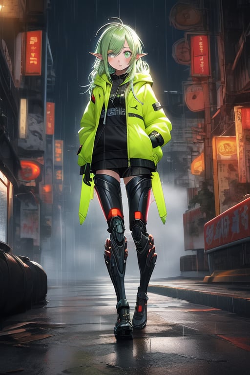 masterpiece, best quality, elf, rena erindel, 1girl , {{techwear}}, short latex open jacket, dark hoodie, metal combat suit , bangs, {{light yellowish green hair}}, {{long hair}}, messy hair, hair between eyes , medium breasts, short pointyears, beautiful detailed darkolivegreen tech cyborg eyes , dirty cyborg, broken cyborg, expressionless , {{shiny skin}}, {{{{cyberpunk}}}}, kowloon, night, small rain, fog, neon, warframe , extremely detailed, {{{masterpiece}}}, best quality, illustration