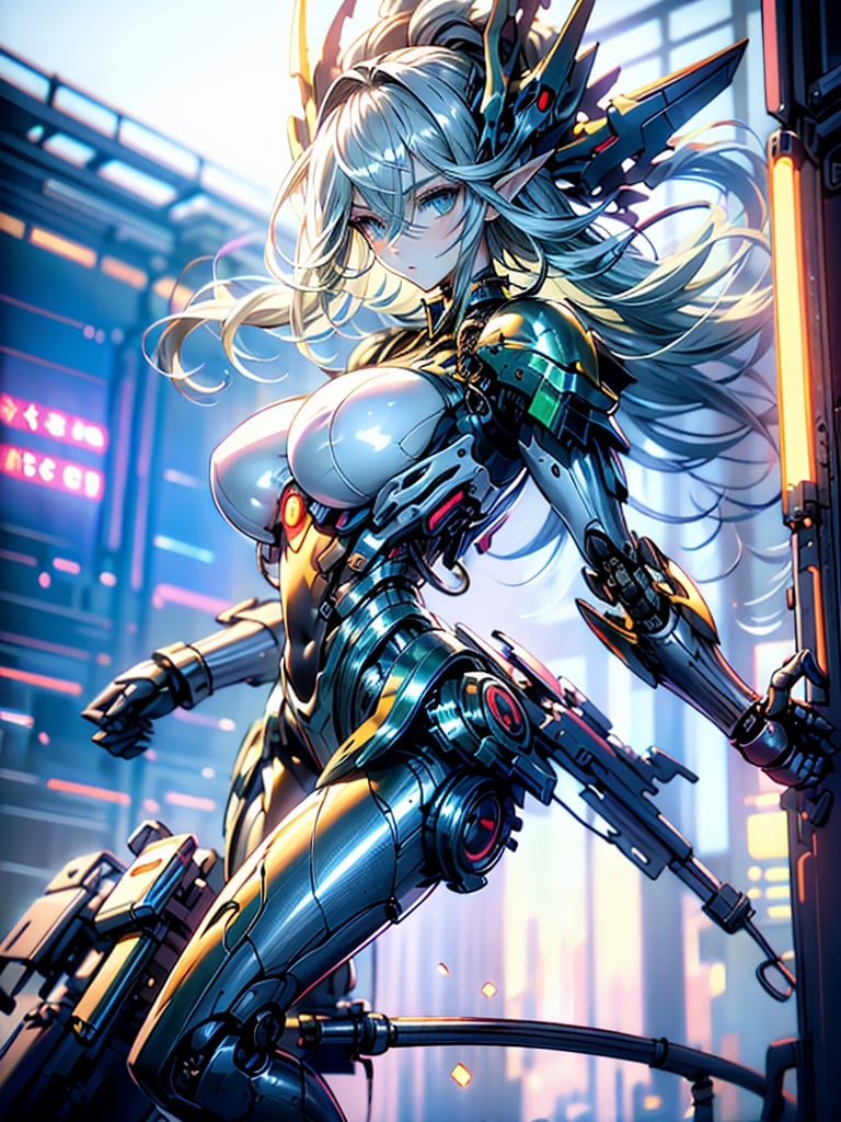 best quality illustration masterpiece,detailed eyes,white skin,detailed hair,extremely detailed 8k CG unity wallpaper,amazing designer,best film studio cinema lighting,simple and comfortable color palettes,

elf,rena erindel,((1girl)),a girl (with mechanical arms,light yellowish green hair,long hair,messy hair,hair between eyes,short pointyears,beautiful detailed darkolivegreen tech cyborg eyes,white skin,thin body,(((broken mecha bodysuit)))

((huge breast)),pointy breasts,breast slip,bursting breasts,

expressionless face,expressive eyes and emotions background with soap bubbles,beautiful blue sky,a beautiful and vast place at the same time,cyberpunk