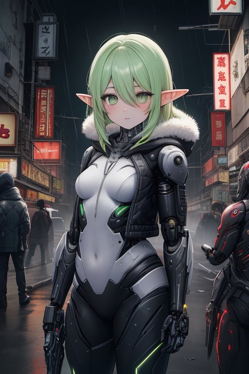 masterpiece, best quality, elf, rena erindel, 1girl , {{techwear}}, short latex open jacket, dark hoodie, metal combat suit , bangs, {{light yellowish green hair}}, {{long hair}}, messy hair, hair between eyes , medium breasts, short pointyears, beautiful detailed darkolivegreen tech cyborg eyes , dirty cyborg, broken cyborg, expressionless , {{shiny skin}}, {{{{cyberpunk}}}}, kowloon, night, small rain, fog, neon, warframe , extremely detailed, {{{masterpiece}}}, best quality, illustration