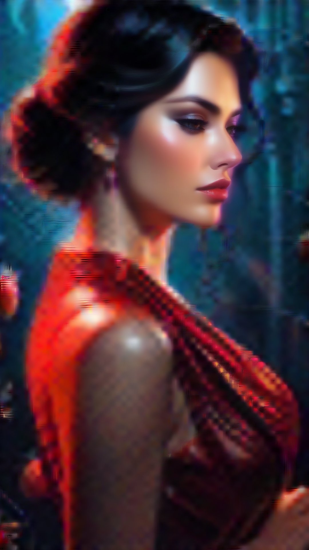 A highly detailed digital painting of an elegant dark-haired woman in a red dress with visible muscles, defined cheekbones, set against a rainy, dark backdrop with spiderwebs. Blend the styles of Vladimir Volegov, Vincent Lefevre, RossDraws, and Charlie Bowater for a breathtaking result, reminiscent of James Gurney's and Lois Van RossDraws' techniques. Infuse the artwork with rich, deep colors and a touch of the sublime, inspired by strawberry fields.