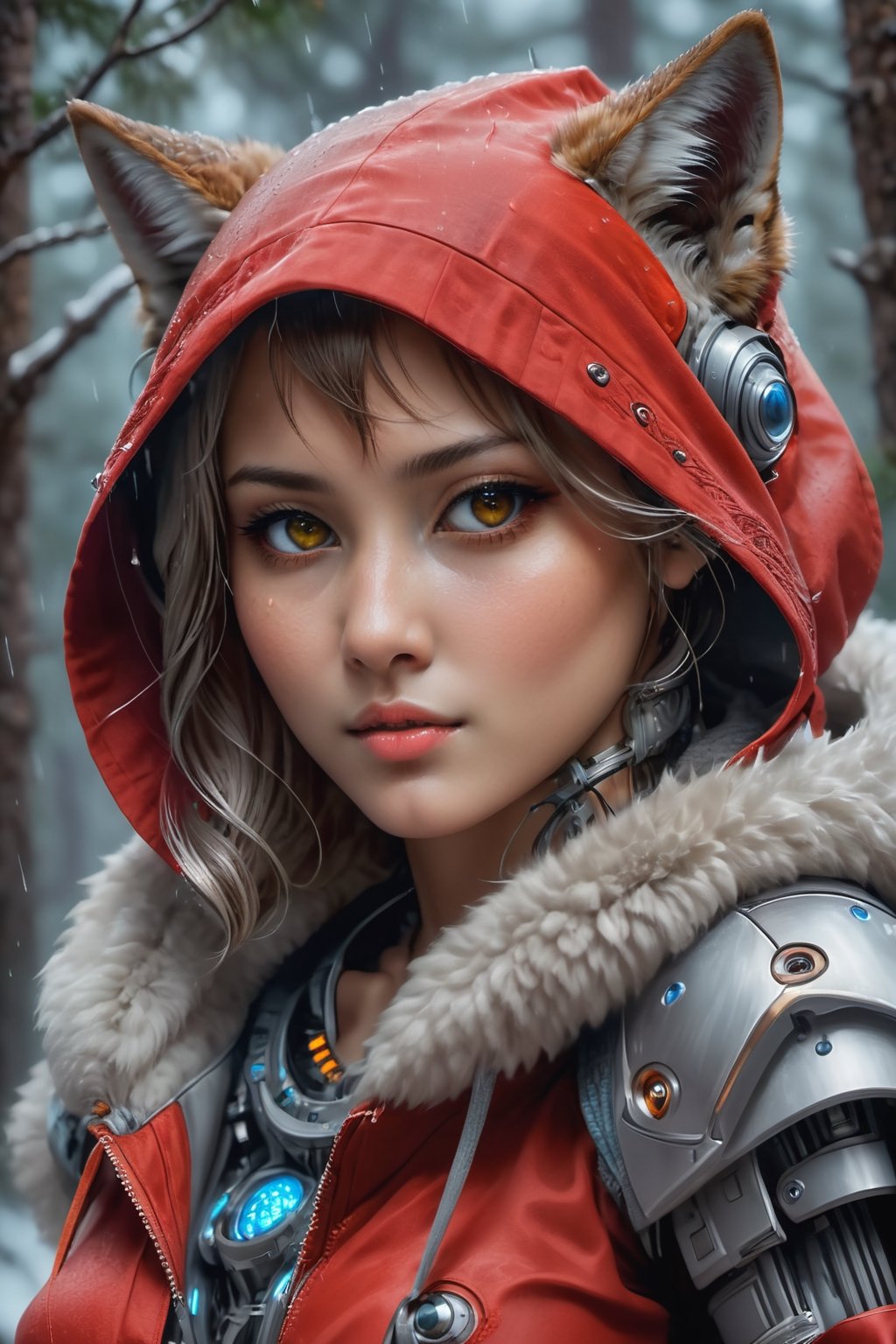 Fantasy portrait of a shy girl, (unreal engine:1.2), close-up shot with epic details, mesmerizing beauty, wearing a vibrant red hooded top, enchanting gray eyes, night ambiance with a touch of spring, gentle raindrops creating a poetic scene, hugging a wolf cub in a heartwarming embrace, (dramatic lighting:1.3), tall pine trees framing the enchanting moment, stormy dark clouds adding depth, fluffy clouds in the background painting a surreal dreamscape, (intricate brushstrokes:1.2), (capturing the ethereal), (attention to every detail:1.1),cyborg style,close up