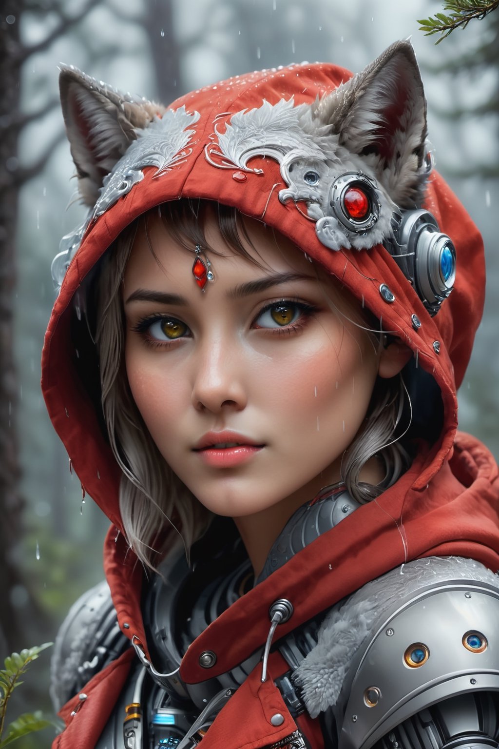 Fantasy portrait of a shy girl, (unreal engine:1.2), close-up shot with epic details, mesmerizing beauty, wearing a vibrant red hooded top, enchanting gray eyes, night ambiance with a touch of spring, gentle raindrops creating a poetic scene, hugging a wolf cub in a heartwarming embrace, (dramatic lighting:1.3), tall pine trees framing the enchanting moment, stormy dark clouds adding depth, fluffy clouds in the background painting a surreal dreamscape, (intricate brushstrokes:1.2), (capturing the ethereal), (attention to every detail:1.1),cyborg style,close up