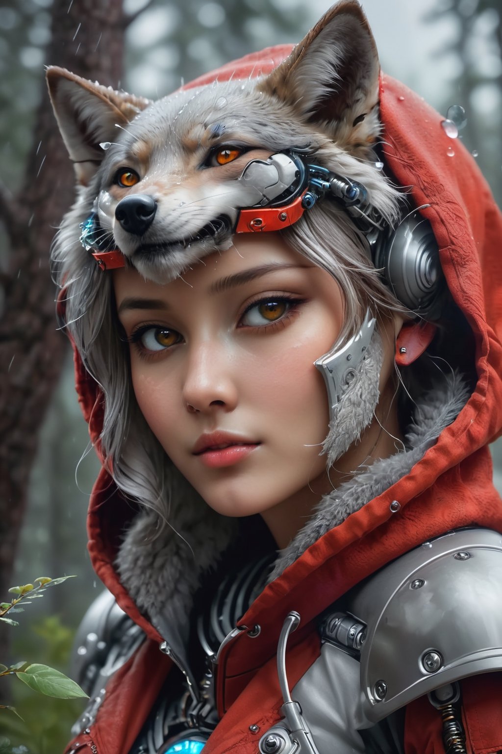 Fantasy portrait of a shy girl, (unreal engine:1.2), close-up shot with epic details, mesmerizing beauty, wearing a vibrant red hooded top, enchanting gray eyes, night ambiance with a touch of spring, gentle raindrops creating a poetic scene, hugging a wolf cub in a heartwarming embrace, (dramatic lighting:1.3), tall pine trees framing the enchanting moment, stormy dark clouds adding depth, fluffy clouds in the background painting a surreal dreamscape, (intricate brushstrokes:1.2), (capturing the ethereal), (attention to every detail:1.1),cyborg style,close up