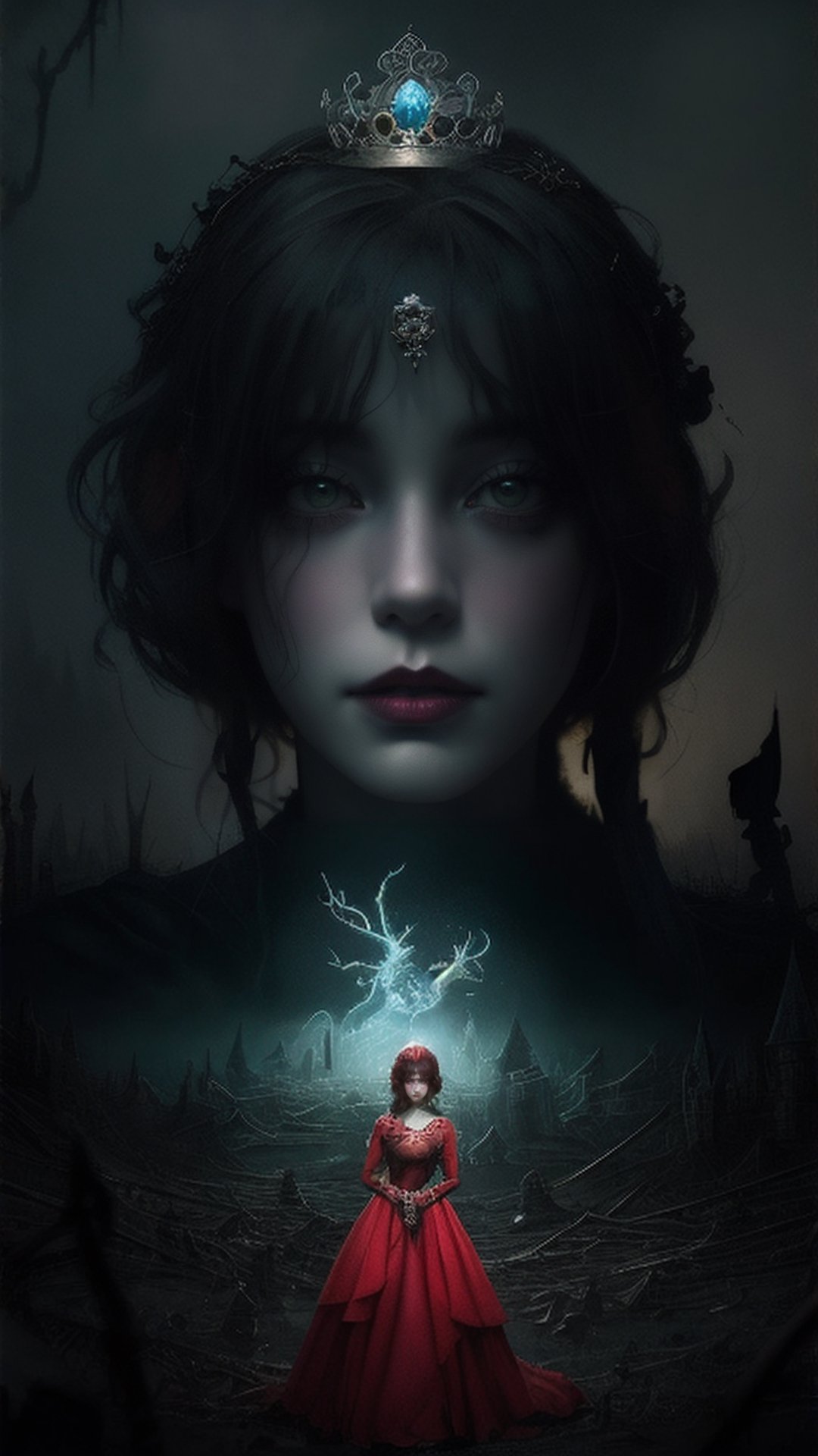 A ((hyperdetailed)), ((photorealistic)) artwork combining elements of Twisted Disney, horror, and a post-apocalyptic dystopian world. Depict a ((young Princess)) in an ethereal and whimsical setting, red dress, integrating elements inspired by Alyssa Monks, Brian Proud, and Arthur Rackham's styles. Emphasize the use of elemental themes to create a hauntingly beautiful and surreal scene.