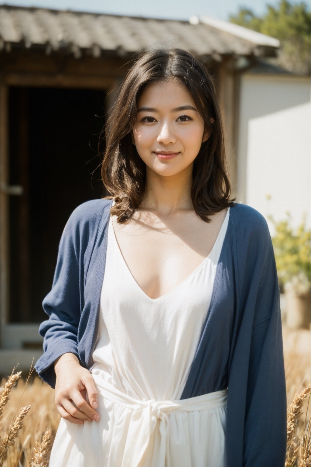 (hand on own hip),(shoot from front:1.4),large breasts,a realistic potrait photograph of 1 girl , standing in a rustic farm setting. She has a soft, gentle smile and expressive eyes. The background features a charming barn, fields of golden wheat, and a clear blue sky. The composition should be bathed in the warm, golden hour light, with a gentle depth of field and soft bokeh to accentuate the pastoral serenity. Capture the image as if it were taken on an old-school 35mm film for added charm,, 35mm film, (realistic photography),shiotareiko, Realism, Portrait,gigantic breasts,Nagatiti