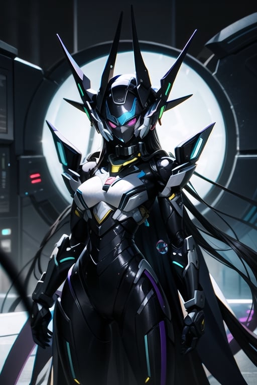 A black female mecha who save universe,  warrior,  purple neon lights by Death on Tensor.Art