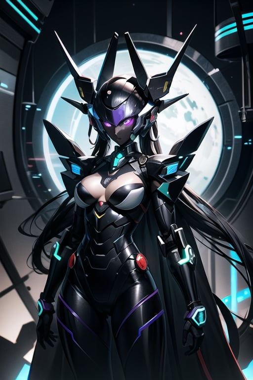A black female mecha who save universe,  warrior,  purple neon lights by Death on Tensor.Art