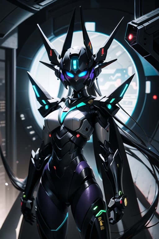 A black female mecha who save universe,  warrior,  purple neon lights by Death on Tensor.Art