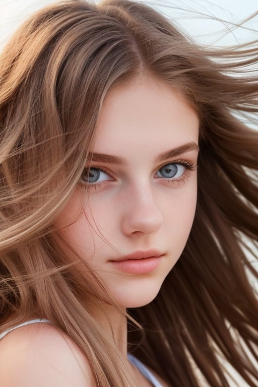 An 18-year old European girl, gentle breeze, (hair floating on her face and eyes:1.3), sensual, facing viewer, best quality, photography, 12k, perfect lighting, hyper-detailed