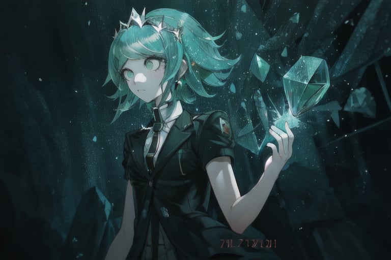 1girl, solo, upper body, Komatsuzaki Rui - Danganronpa, phosphophyllite , crystal, gem, land of the lustrous, houseki no kuni, dinner jacket, gem hair, mint hair, gem tiara, crystal hair, breaking gem, breaking crystal, crack